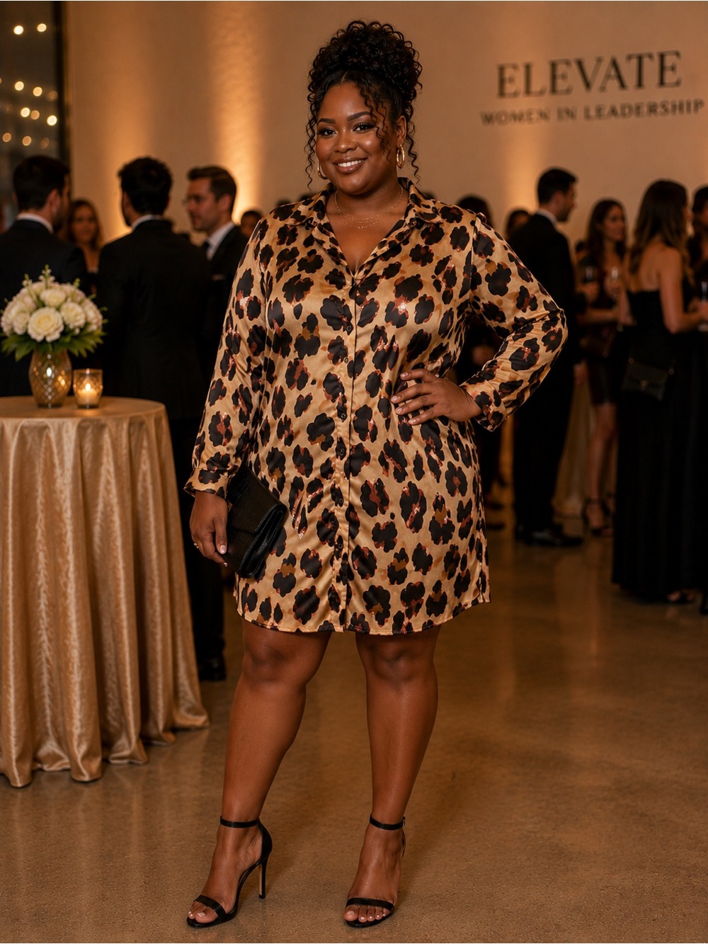 Boohoo Leopard Print Satin Shirt Dress in Tan, Black & Brown